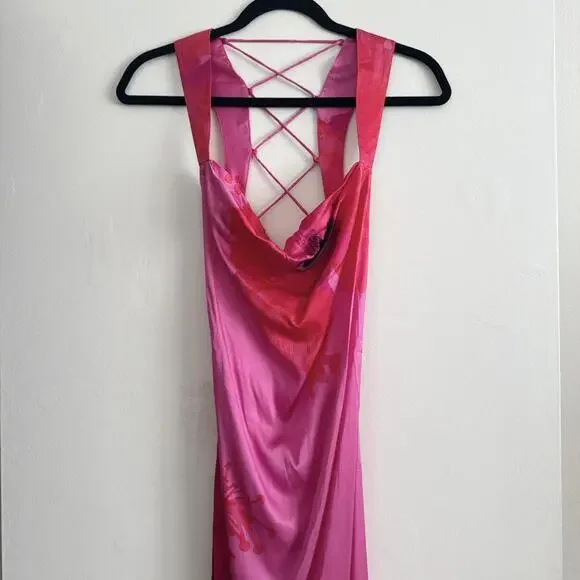 Good American | Dresses | Good American Satin Lace Up Maxi Dress In Pink  Hibiscus02 | Poshmark